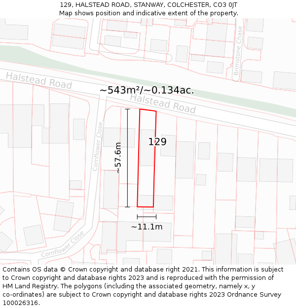 129, HALSTEAD ROAD, STANWAY, COLCHESTER, CO3 0JT: Plot and title map