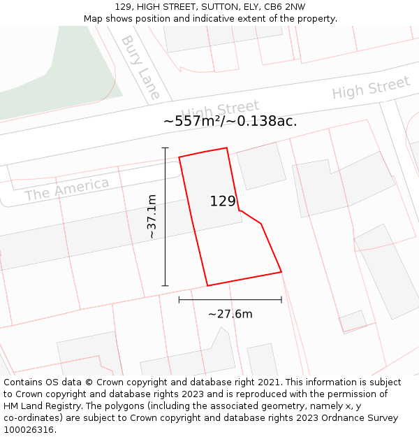 129, HIGH STREET, SUTTON, ELY, CB6 2NW: Plot and title map