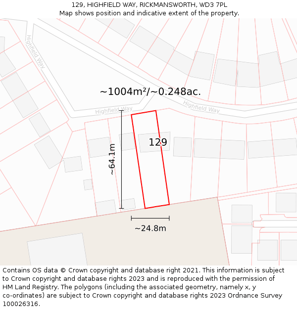 129, HIGHFIELD WAY, RICKMANSWORTH, WD3 7PL: Plot and title map