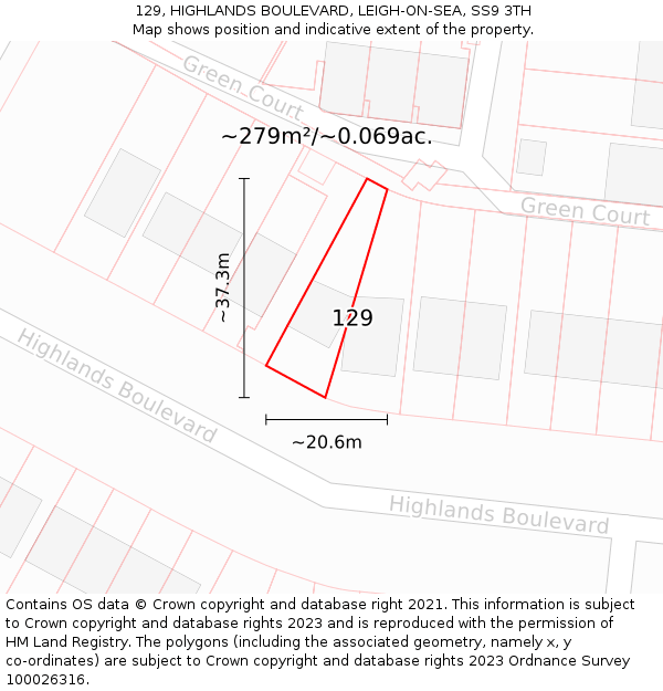 129, HIGHLANDS BOULEVARD, LEIGH-ON-SEA, SS9 3TH: Plot and title map