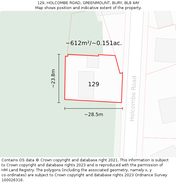 129, HOLCOMBE ROAD, GREENMOUNT, BURY, BL8 4AY: Plot and title map