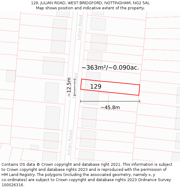 129, JULIAN ROAD, WEST BRIDGFORD, NOTTINGHAM, NG2 5AL: Plot and title map