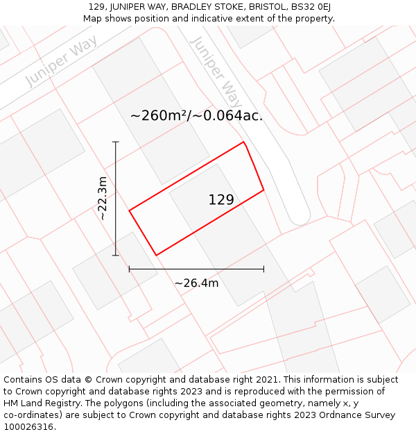 129, JUNIPER WAY, BRADLEY STOKE, BRISTOL, BS32 0EJ: Plot and title map