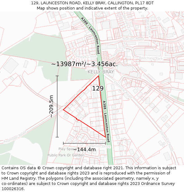 129, LAUNCESTON ROAD, KELLY BRAY, CALLINGTON, PL17 8DT: Plot and title map