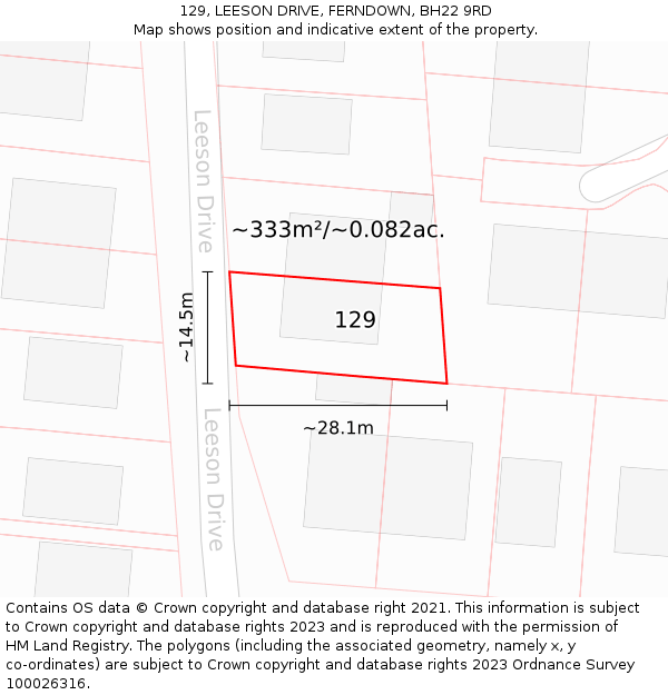 129, LEESON DRIVE, FERNDOWN, BH22 9RD: Plot and title map