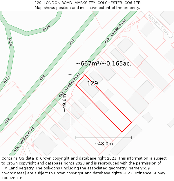 129, LONDON ROAD, MARKS TEY, COLCHESTER, CO6 1EB: Plot and title map