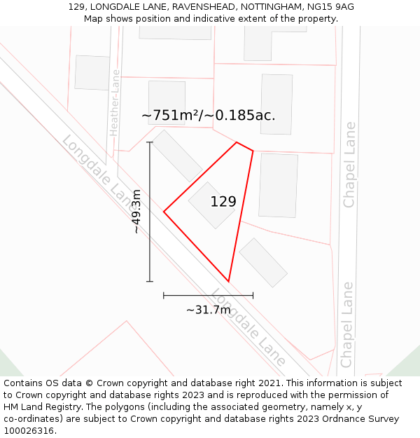 129, LONGDALE LANE, RAVENSHEAD, NOTTINGHAM, NG15 9AG: Plot and title map