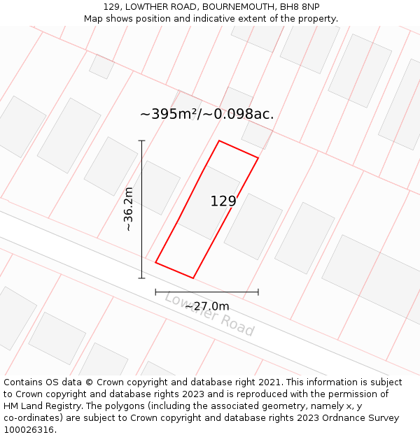129, LOWTHER ROAD, BOURNEMOUTH, BH8 8NP: Plot and title map