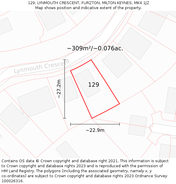 129, LYNMOUTH CRESCENT, FURZTON, MILTON KEYNES, MK4 1JZ: Plot and title map