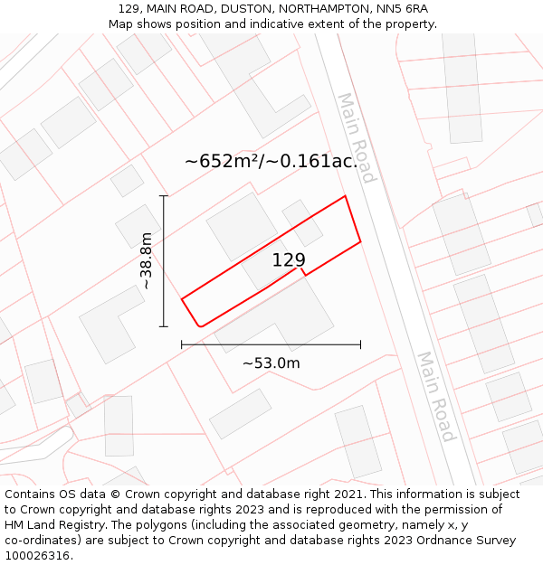 129, MAIN ROAD, DUSTON, NORTHAMPTON, NN5 6RA: Plot and title map