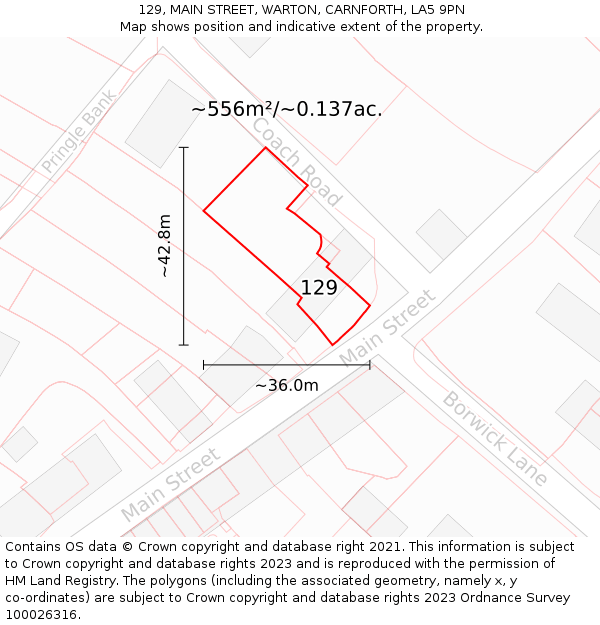 129, MAIN STREET, WARTON, CARNFORTH, LA5 9PN: Plot and title map