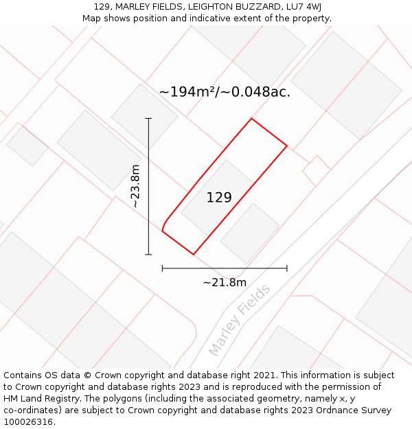 129, MARLEY FIELDS, LEIGHTON BUZZARD, LU7 4WJ: Plot and title map