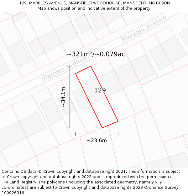 129, MARPLES AVENUE, MANSFIELD WOODHOUSE, MANSFIELD, NG19 9DN: Plot and title map