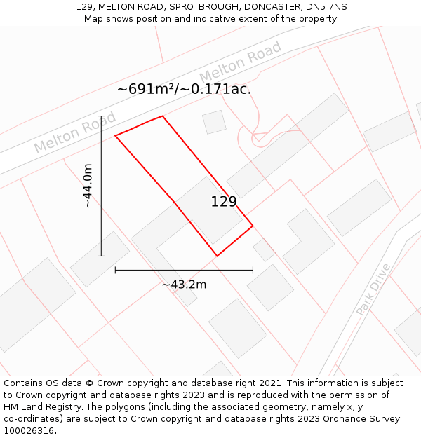 129, MELTON ROAD, SPROTBROUGH, DONCASTER, DN5 7NS: Plot and title map