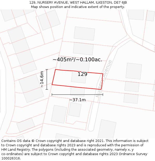 129, NURSERY AVENUE, WEST HALLAM, ILKESTON, DE7 6JB: Plot and title map