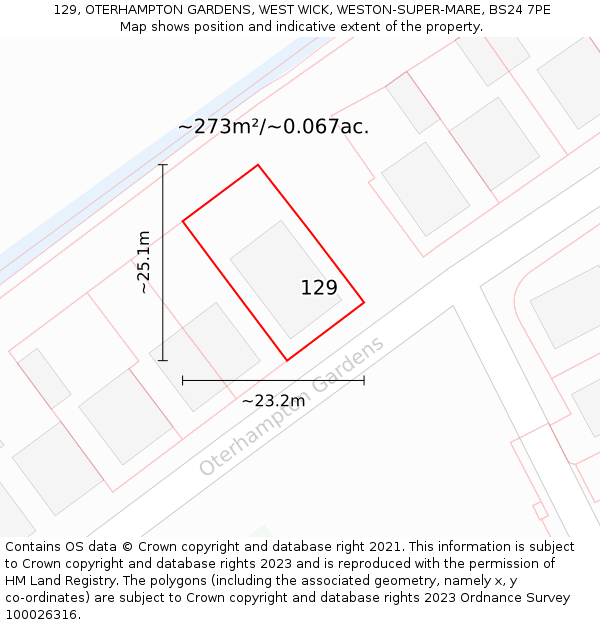 129, OTERHAMPTON GARDENS, WEST WICK, WESTON-SUPER-MARE, BS24 7PE: Plot and title map