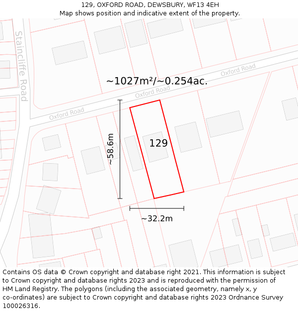 129, OXFORD ROAD, DEWSBURY, WF13 4EH: Plot and title map