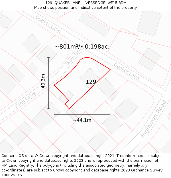 129, QUAKER LANE, LIVERSEDGE, WF15 8DA: Plot and title map