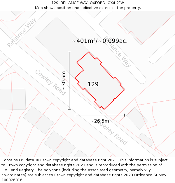 129, RELIANCE WAY, OXFORD, OX4 2FW: Plot and title map