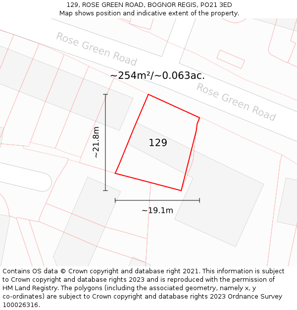 129, ROSE GREEN ROAD, BOGNOR REGIS, PO21 3ED: Plot and title map