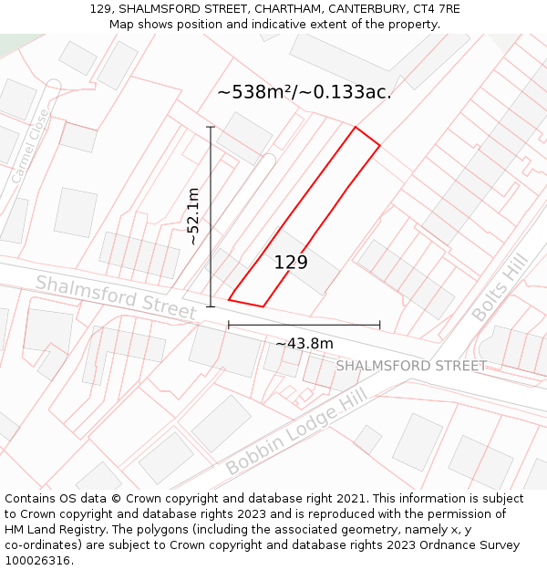 129, SHALMSFORD STREET, CHARTHAM, CANTERBURY, CT4 7RE: Plot and title map
