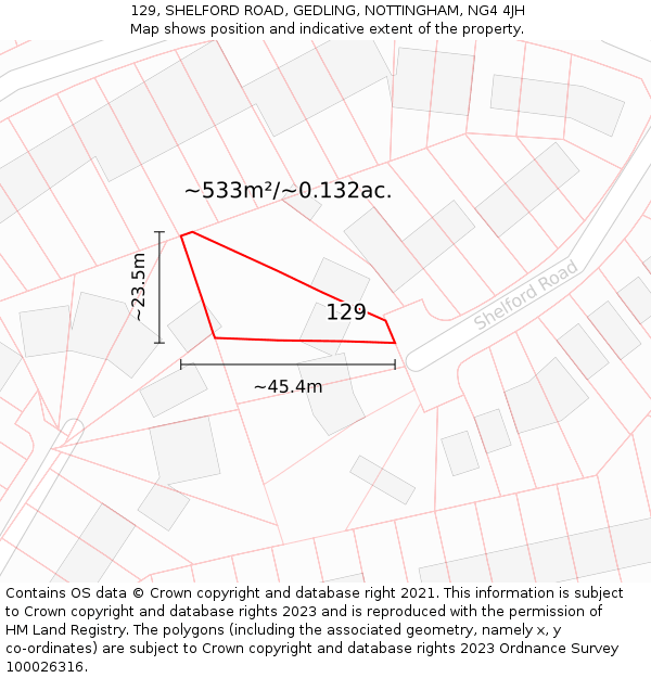 129, SHELFORD ROAD, GEDLING, NOTTINGHAM, NG4 4JH: Plot and title map