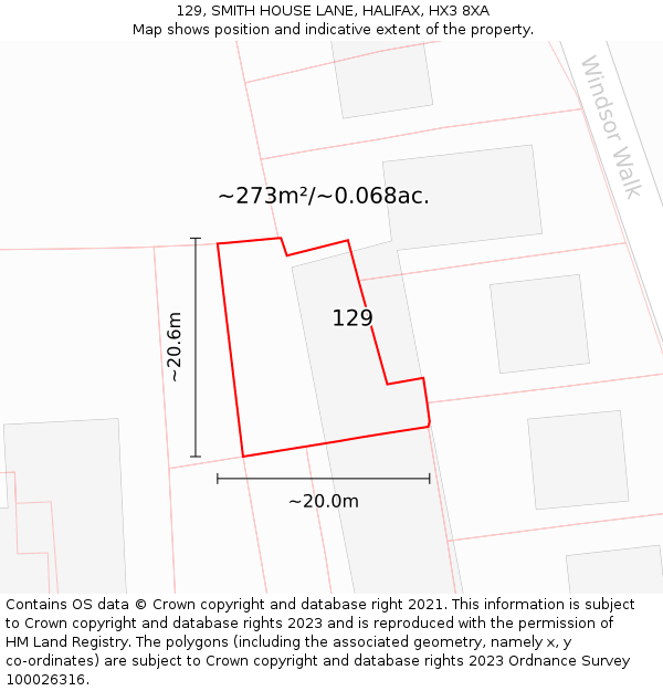 129, SMITH HOUSE LANE, HALIFAX, HX3 8XA: Plot and title map