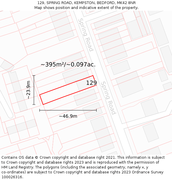 129, SPRING ROAD, KEMPSTON, BEDFORD, MK42 8NR: Plot and title map