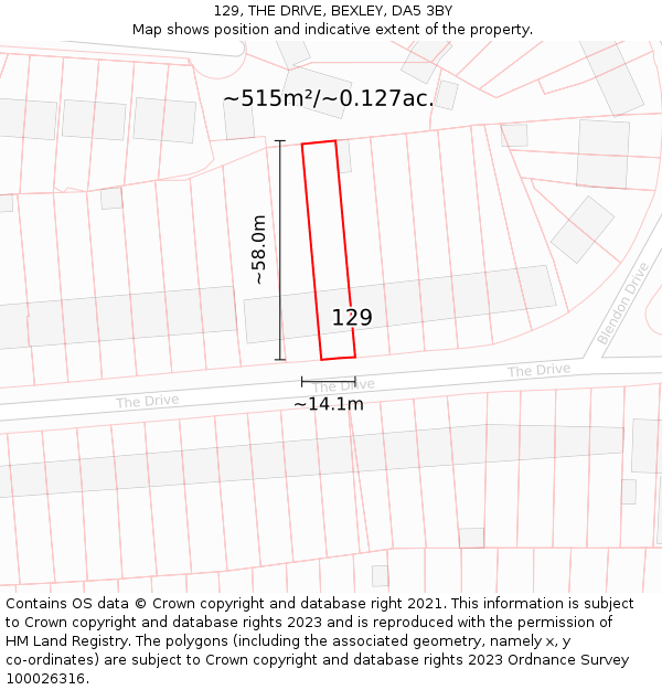 129, THE DRIVE, BEXLEY, DA5 3BY: Plot and title map