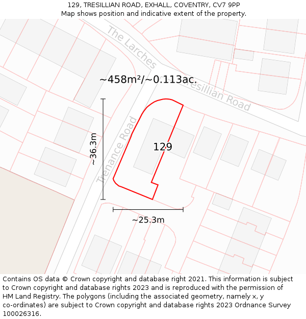129, TRESILLIAN ROAD, EXHALL, COVENTRY, CV7 9PP: Plot and title map