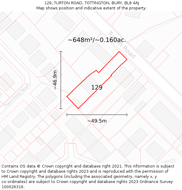 129, TURTON ROAD, TOTTINGTON, BURY, BL8 4AJ: Plot and title map