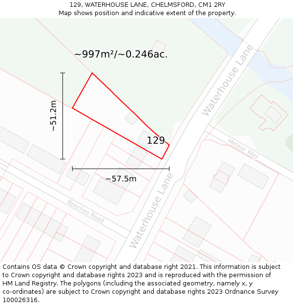 129, WATERHOUSE LANE, CHELMSFORD, CM1 2RY: Plot and title map