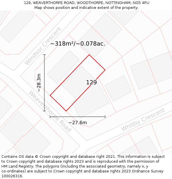 129, WEAVERTHORPE ROAD, WOODTHORPE, NOTTINGHAM, NG5 4PU: Plot and title map