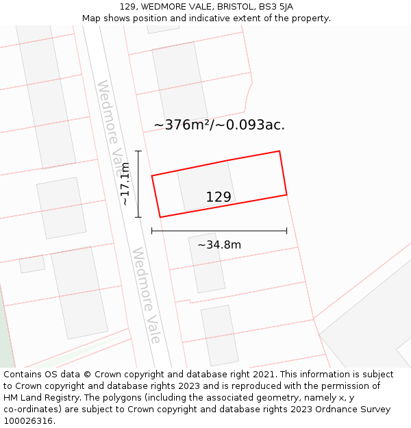 129, WEDMORE VALE, BRISTOL, BS3 5JA: Plot and title map