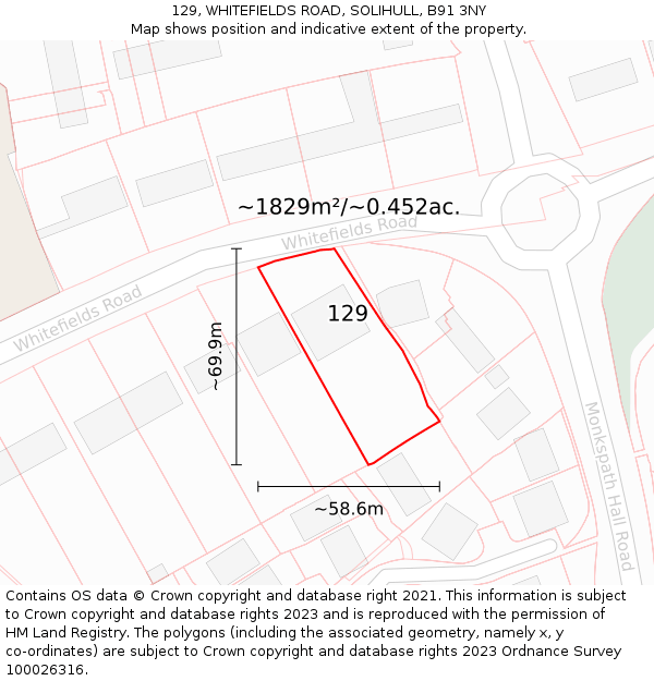 129, WHITEFIELDS ROAD, SOLIHULL, B91 3NY: Plot and title map