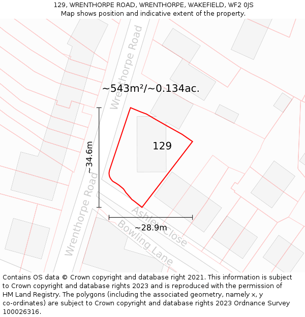 129, WRENTHORPE ROAD, WRENTHORPE, WAKEFIELD, WF2 0JS: Plot and title map