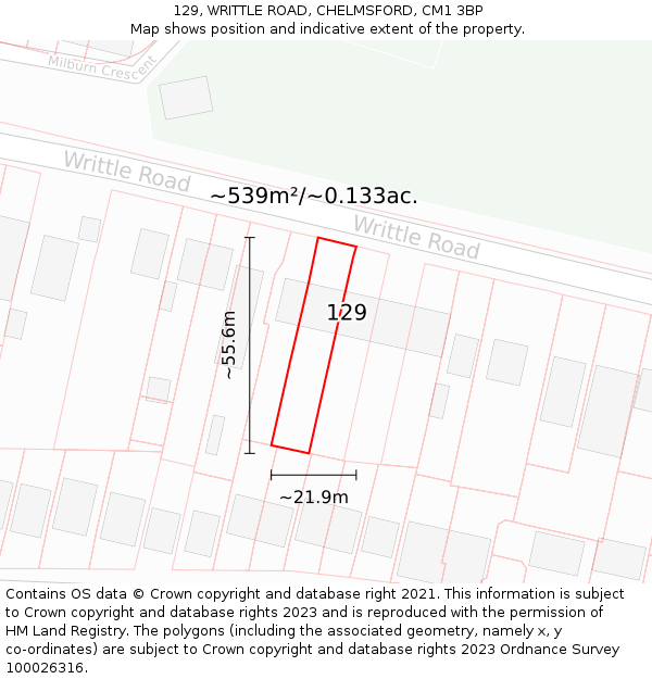 129, WRITTLE ROAD, CHELMSFORD, CM1 3BP: Plot and title map