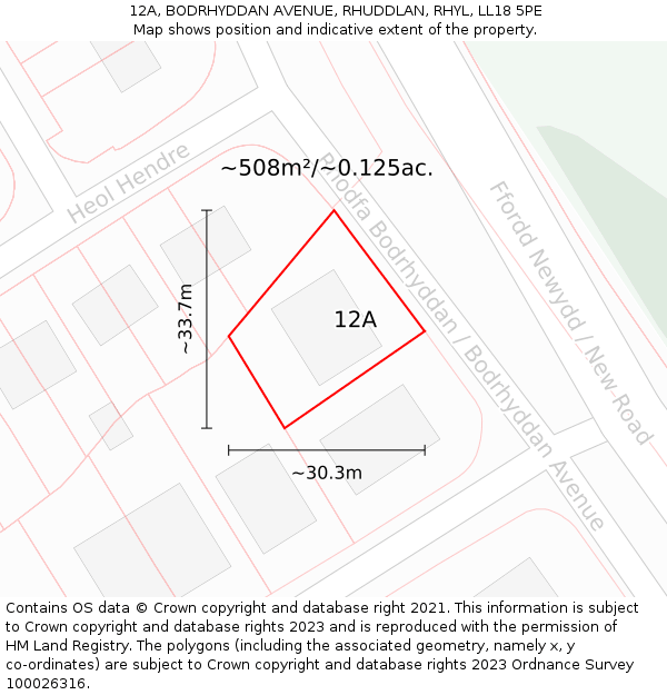 12A, BODRHYDDAN AVENUE, RHUDDLAN, RHYL, LL18 5PE: Plot and title map