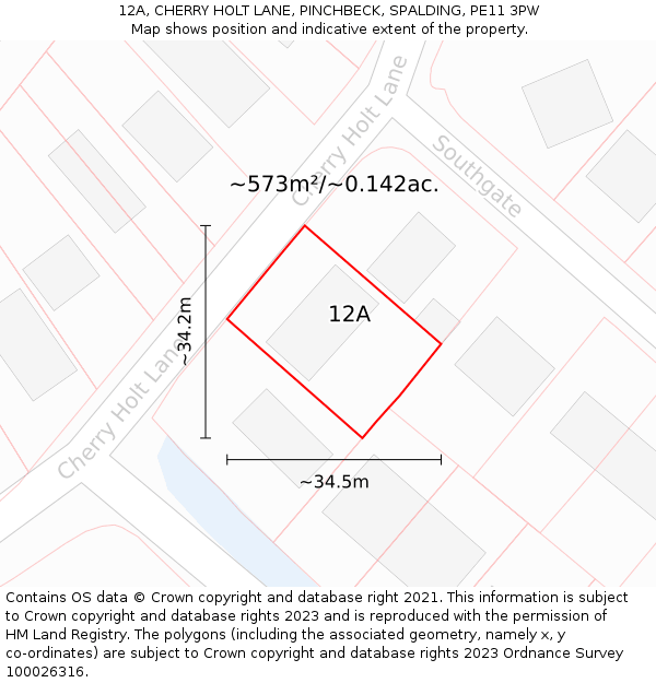 12A, CHERRY HOLT LANE, PINCHBECK, SPALDING, PE11 3PW: Plot and title map