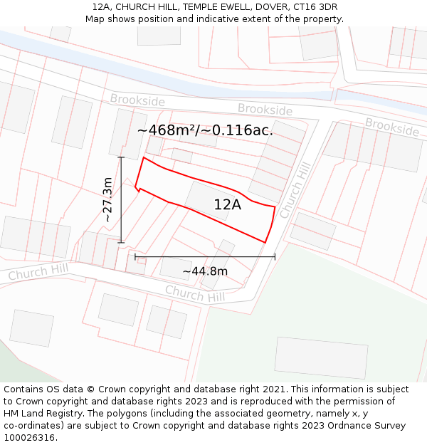 12A, CHURCH HILL, TEMPLE EWELL, DOVER, CT16 3DR: Plot and title map