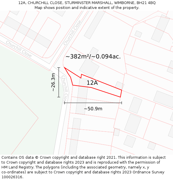 12A, CHURCHILL CLOSE, STURMINSTER MARSHALL, WIMBORNE, BH21 4BQ: Plot and title map