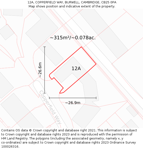 12A, COPPERFIELD WAY, BURWELL, CAMBRIDGE, CB25 0PA: Plot and title map