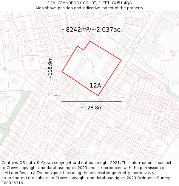 12A, CRANBROOK COURT, FLEET, GU51 4QA: Plot and title map