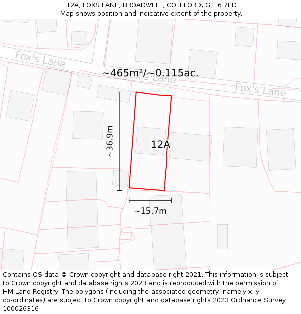 12A, FOXS LANE, BROADWELL, COLEFORD, GL16 7ED: Plot and title map