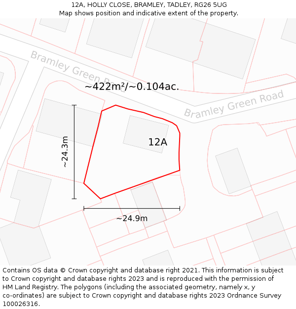 12A, HOLLY CLOSE, BRAMLEY, TADLEY, RG26 5UG: Plot and title map