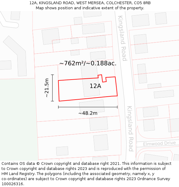 12A, KINGSLAND ROAD, WEST MERSEA, COLCHESTER, CO5 8RB: Plot and title map