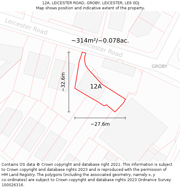 12A, LEICESTER ROAD, GROBY, LEICESTER, LE6 0DJ: Plot and title map