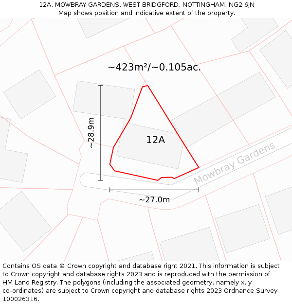 12A, MOWBRAY GARDENS, WEST BRIDGFORD, NOTTINGHAM, NG2 6JN: Plot and title map