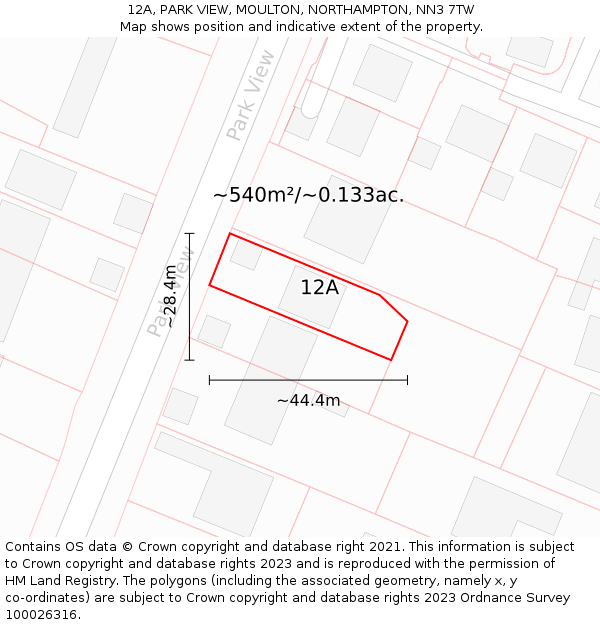 12A, PARK VIEW, MOULTON, NORTHAMPTON, NN3 7TW: Plot and title map