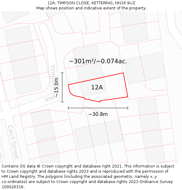 12A, TIMPSON CLOSE, KETTERING, NN16 9UZ: Plot and title map